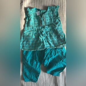 Fabindia Turquoise Embroidered Top and Pants Festive Indian Set Baby 3-6M